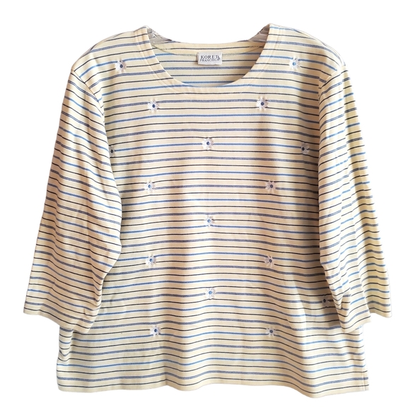 90s Y2K tee shirt floral striped scoop neck 3/4 sleeve casual yellow blue wm XL - Picture 2 of 10